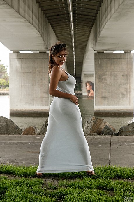 Latina Ella Knox flaunts her curvy body & cleavage in a tight dress outdoors - xxx porn gallery #49979 in Skirt featuring Ella Knox