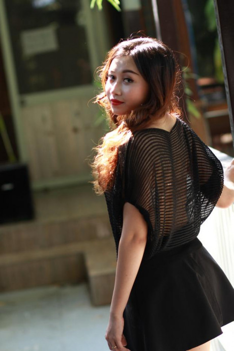 Ravishing asian slut girlfriend woman shows off her petite body wearing a sweet ebony dress - #934857