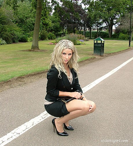 Clothed yellow-haired secretary shows off her legs and pumps in a public park - Image 11 of 16  in Outdoor category   featuring Kathryn 