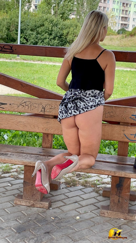 Humongous titted blondie Katerina Hartlova masturbates on a public bench in heels - #744531