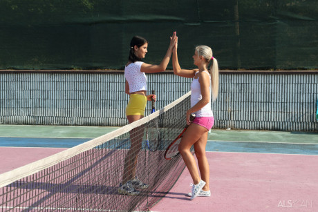 Fresh young bitches toy each others vagina on a bench after a tennis match - #747997