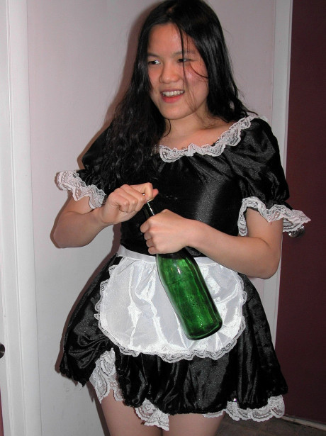 Wild brunette maid Colette strips naked and masturbates with a bottle - #1543880