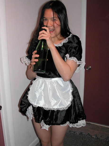 Wild brunette maid Colette strips naked and masturbates with a bottle - #1543881