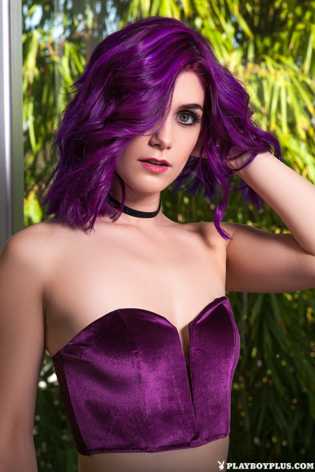 Purple haired babe Lo doffs her undergarment and flaunts her tiny nipples - #251754