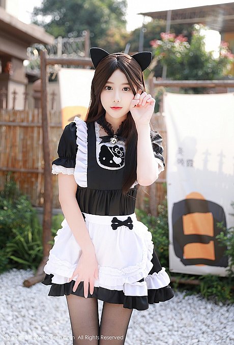 Chinese cutie takes off her French maid uniform while wearing sheer hose - Image 3 of 10  in Babe category  
