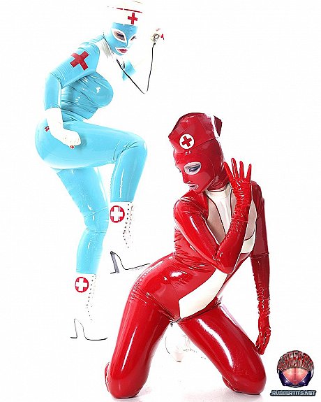 Fetish models hump each other while wearing latex nurse outfits - Image 1 of 16  in Lesbian category  
