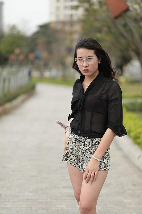 Barefoot oriental babe flaunts her pretty legs outdoors wearing a miniskirt - Image 17 of 21  in Outdoor category  