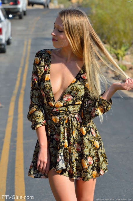 Adorable young Riley poses undressed in the middle of the road & masturbates at home - #1307980