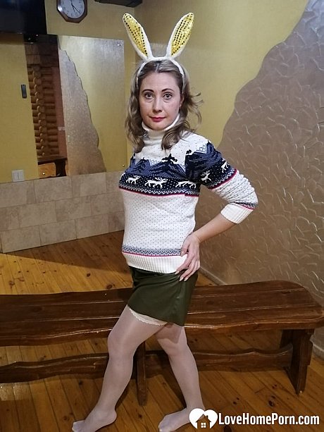 Amateur ex-wife with bunny ears posing in her white nylon leggings - Image 21 of 21  in Pussy category  