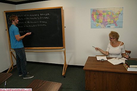 Short-haired teacher Tracy blow milks a shy student's gigantic dong during class - Image 2 of 20  in Amateur category   featuring Tracy Licks 