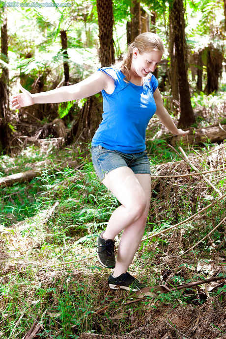 Chubby 18 year cougar Ann K get snaked in the woods and pets shaved cunt - #1546788