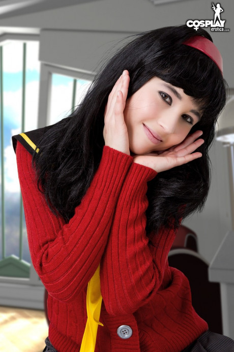 Dark haired chick girl woman works partially free of her cosplay clothing - #156019