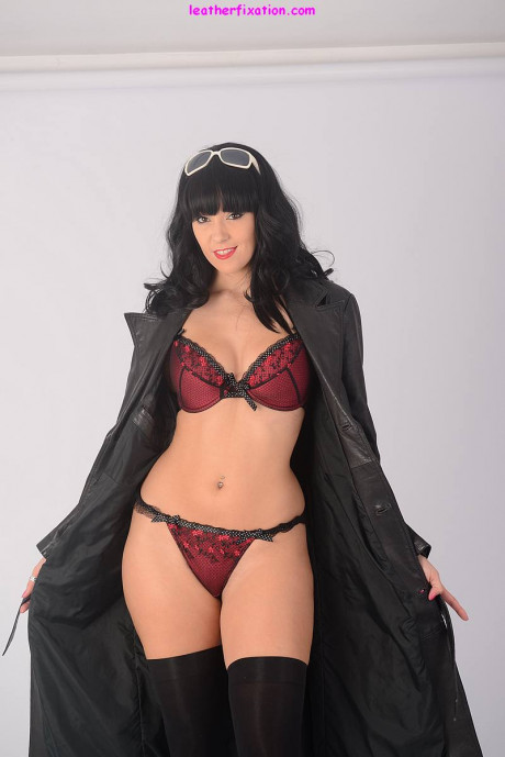 Sweet brunette Sammi Jo peels off a thong in a long coat and ebony thigh highs - #222850