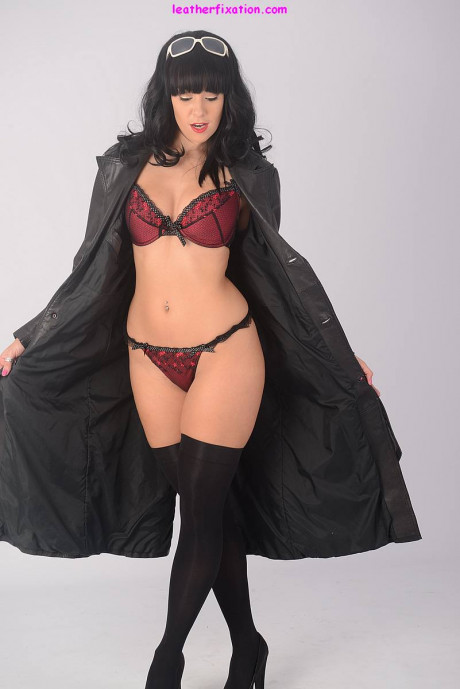 Sweet brunette Sammi Jo peels off a thong in a long coat and ebony thigh highs - #222851