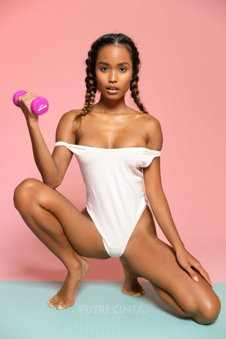 Adorable black teases with her perfect fake titties and amazing butt on a yoga mat - #1116196