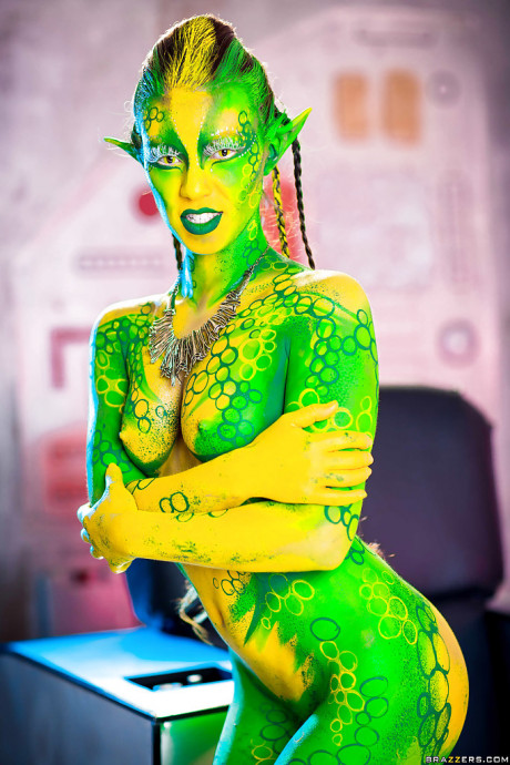 Dirty cosplay skank girl Tiffany Doll posing in body paint uniform and spreading - #200456