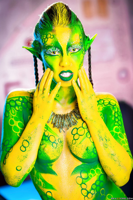 Dirty cosplay skank girl Tiffany Doll posing in body paint uniform and spreading - #200459