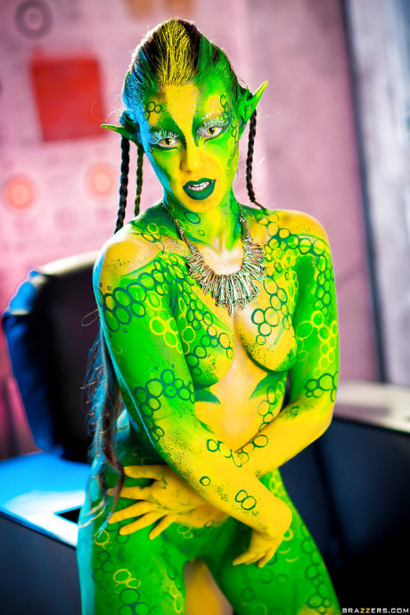 Dirty cosplay skank girl Tiffany Doll posing in body paint uniform and spreading - #200462