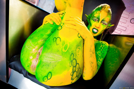 Dirty cosplay skank girl Tiffany Doll posing in body paint uniform and spreading - #200463