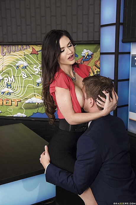 Pornstar Kendall Karson takes a cumshot on monstrous boobies on live tv show - Image 7 of 16  in Skirt category   featuring Kendall Karson 