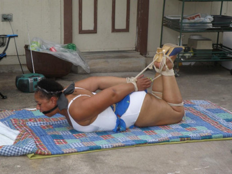 Mature black plumper is hogtied on a comforter while cleave gagged - #1267021