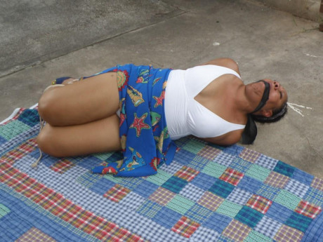 Mature black plumper is hogtied on a comforter while cleave gagged - #1267022