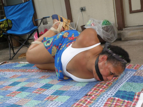 Mature black plumper is hogtied on a comforter while cleave gagged - #1267031