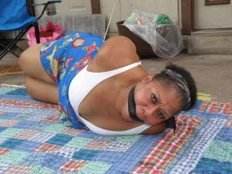 Mature black plumper is hogtied on a comforter while cleave gagged - #1267033