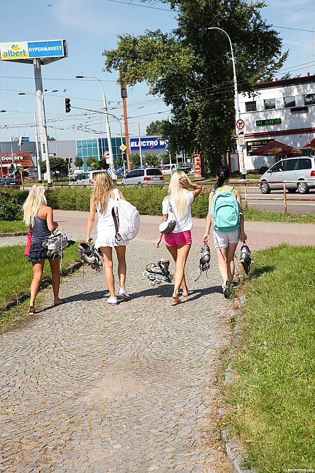 Four pretty teens expose their skinny bodies and small melons on roller blades - Image 10 of 20  in Lesbian category   featuring Ester B, Sara J, Nessy, Sabrina L 