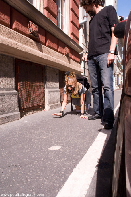 Romanian sweety Jennifer Love crawling on the street ball-gagged and shackled - #730917
