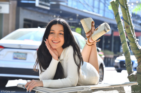 Dark-haired amateur April flashes in public with no panties on - #1222597