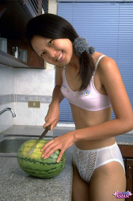 Skinny chinese skank gf girl spreads her tight twat after eating watermelon - #121984