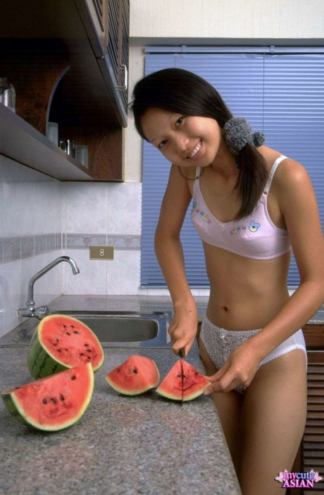 Skinny chinese skank gf girl spreads her tight twat after eating watermelon - #121985