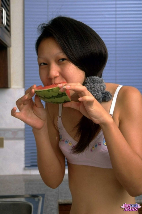 Skinny chinese skank gf girl spreads her tight twat after eating watermelon - #121986