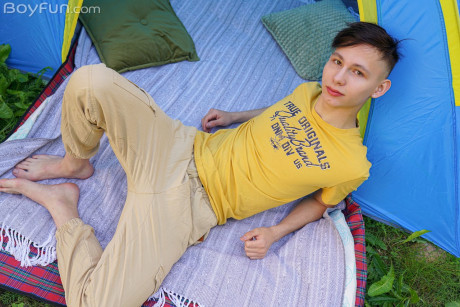 Slim European gay Rimi Morty doffs his clothes slowly & masturbates in a tent - #828191