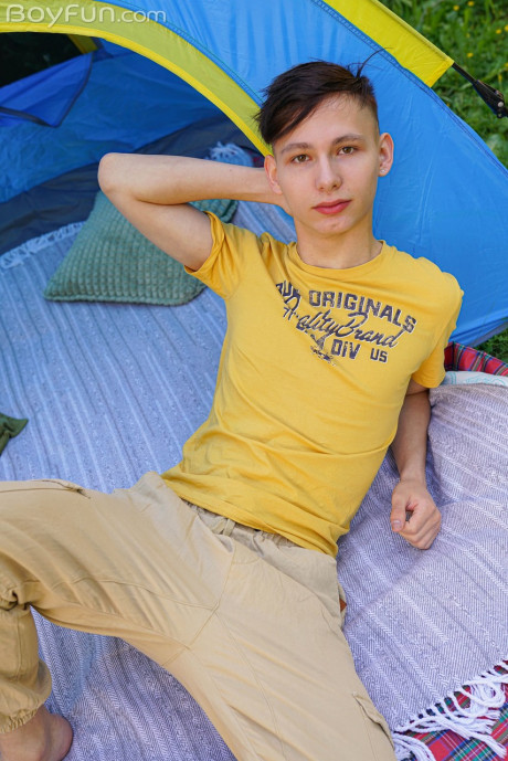 Slim European gay Rimi Morty doffs his clothes slowly & masturbates in a tent - #828192