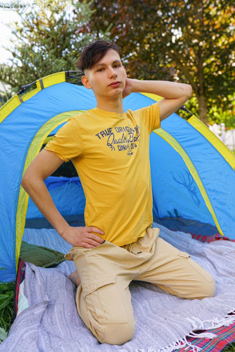 Slim European gay Rimi Morty doffs his clothes slowly & masturbates in a tent - #828193