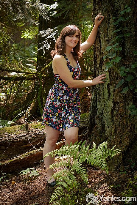 Partially clothed white chick girl Raven Snow flashee her furry bush in the forest - Image 1 of 16  in Pussy category   featuring Raven Snow 