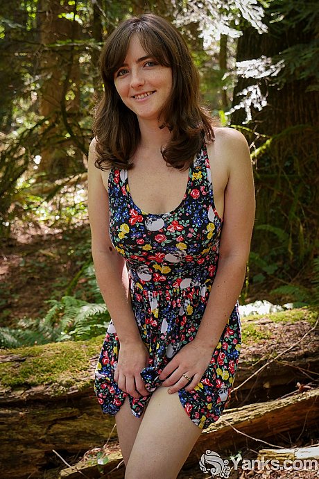 Partially clothed white chick girl Raven Snow flashee her furry bush in the forest - Image 3 of 16  in Pussy category   featuring Raven Snow 