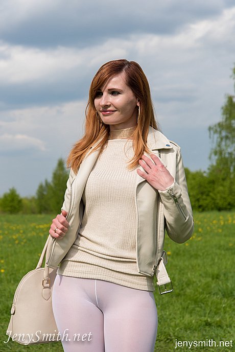 Redheaded Russian model Jeny Smith posing pantyless in stockings outdoors - Image 10 of 16  in Pantyhose category   featuring Jeny Smith 