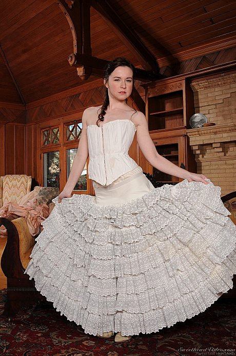 Ravishing sweet MILF Annabelle Lee peels costume baring small natural breasts & hairy snatch