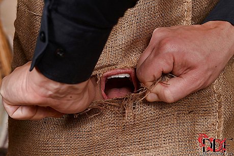 Asian BDSM skank lady Tigerr Benson is put inside a sack and deepthroated - Image 11 of 16  in Cumshot category   featuring Tigerr Benson 