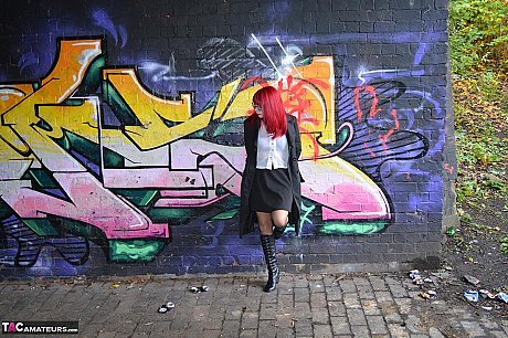 Sweet ginger Barby bitch shows her boobs and twat while out in public