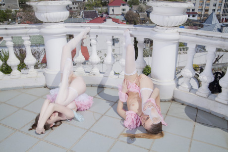 Sweet slender teens Emily Bloom & Katie A show their boobs & butts on a terrace - #1049484