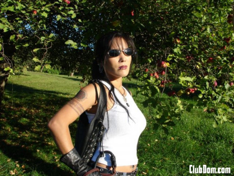 Mistress Jade Tiger whipping and torturing her poor slave outdoors - #1305245