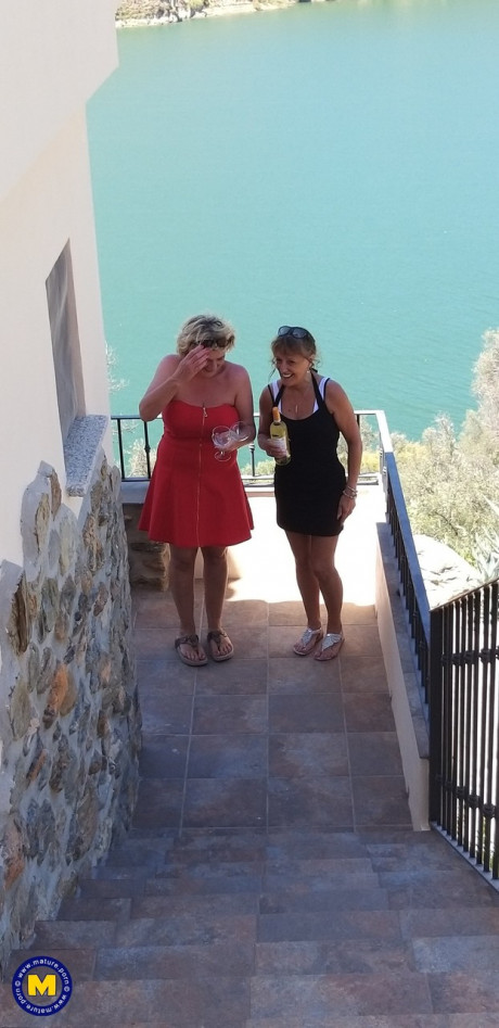 Curvaceous old lesbians Camilla C & Pandora drinking wine on vacation - #889007