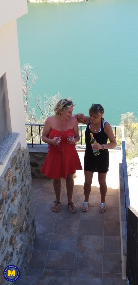 Curvaceous old lesbians Camilla C & Pandora drinking wine on vacation - #889009