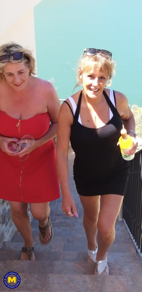 Curvaceous old lesbians Camilla C & Pandora drinking wine on vacation - #889011