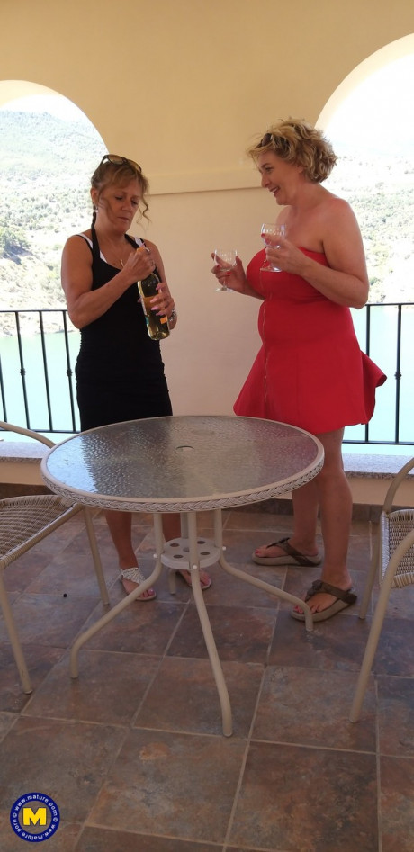 Curvaceous old lesbians Camilla C & Pandora drinking wine on vacation - #889013