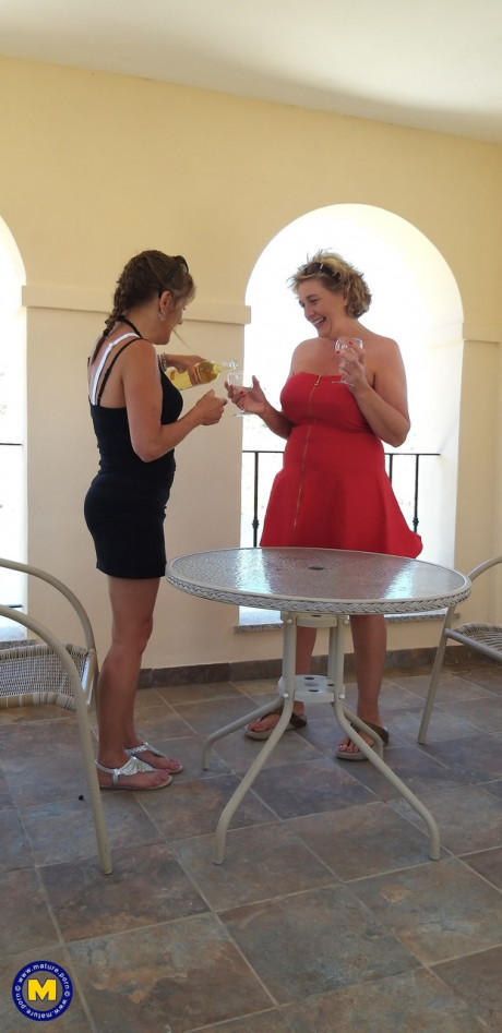 Curvaceous old lesbians Camilla C & Pandora drinking wine on vacation - #889017